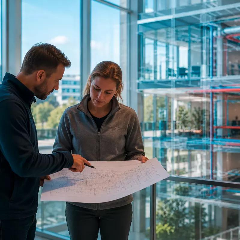 Two engineers reading a technical document